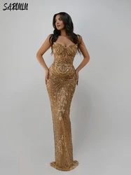 Luxury Deep V-neck Evening Dress Gold Sexy Crystals Beading Prom Customized Shiny Floor-length Bridal Dresses Vestidos De Novia