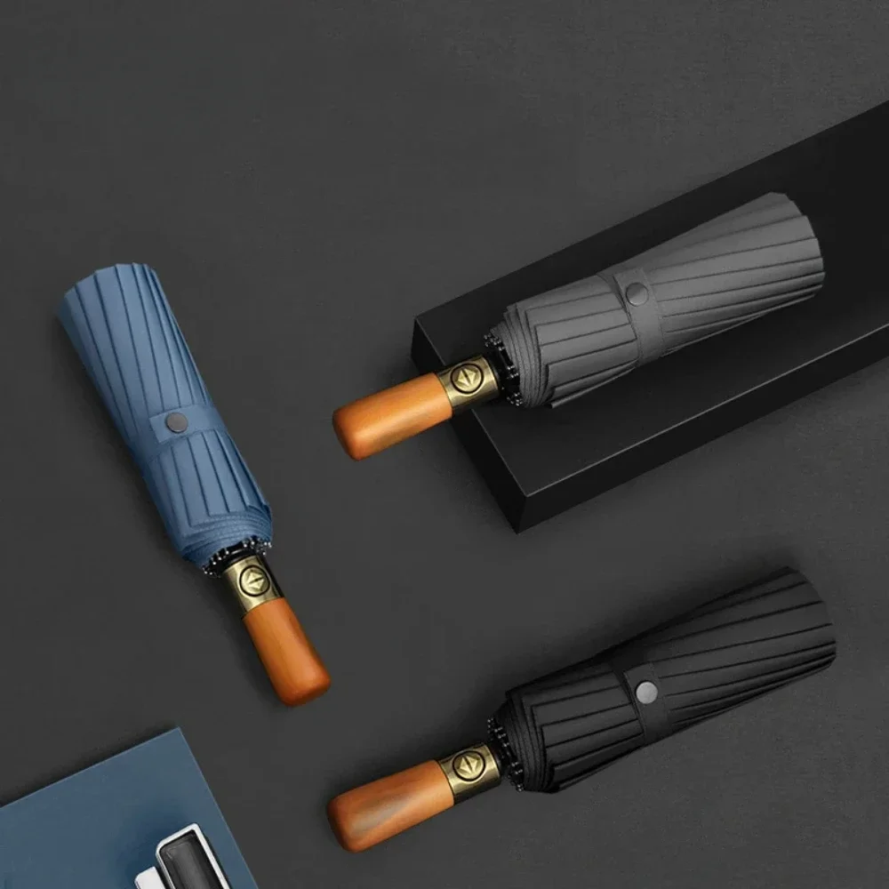 전자동 통나무 손잡이 강화 방풍 우산, 비즈니스 접이식 우산, 남성용 대형 3 중 우산 