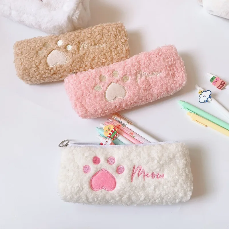 Hairy Cute Kawaii Cat Paw Plush Pencil Bag Case Girl Supplies Simple Student Stationery Pen Case Storage Bag Gifts for Kids