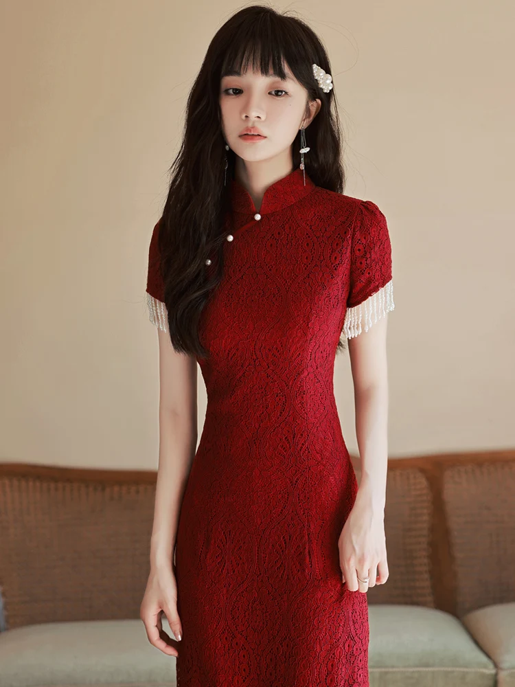 

Red Wedding Dr Chinese Sle Bridal Gown ort Sve Low Slit Polyester Fiber Vintage Design for Women