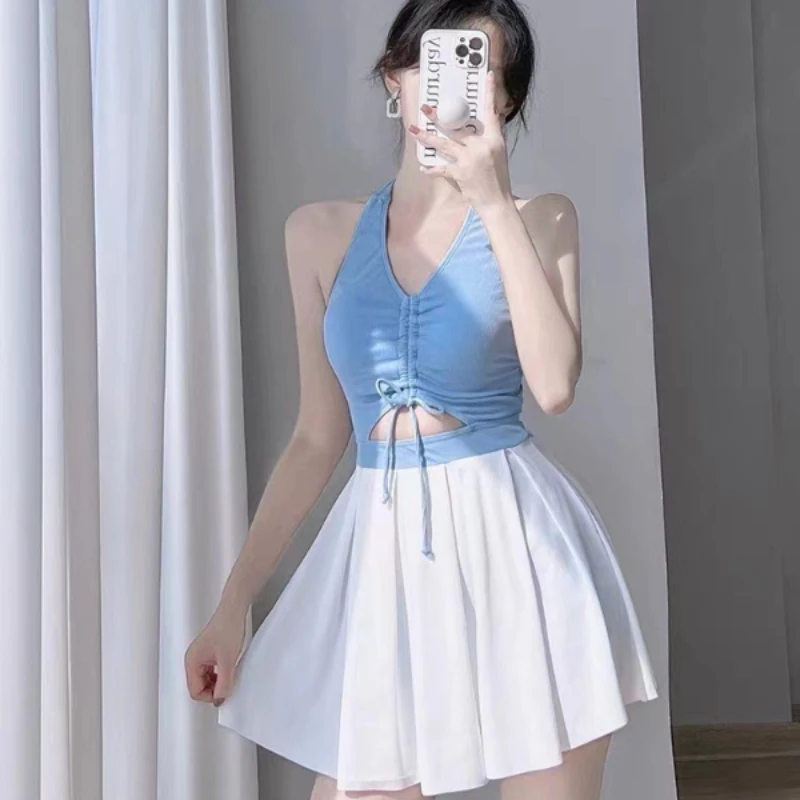 Wisuwore Korean Girl Milk Blue Drawstring Sleeveless Swimsuit Female 2023 Summer New Fashion All Match Skinny Swimsuit