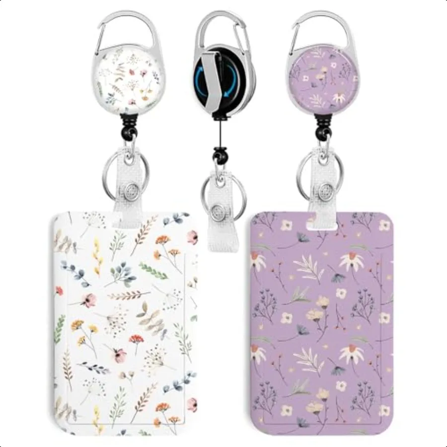

2 Pack Flowers ID Badge Holder with Clip Badge Reels Retractable Heavy DutyKeychainID Holder for School Office 2