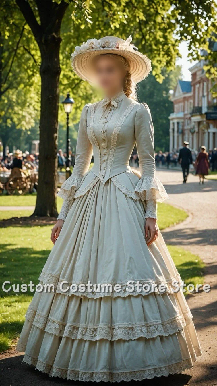 

Medieval Vintage Victorian Vintage Prom Dresses High Neck Long Sleeve Lace Flared Ruffled Pleated A-Line Customized Evening Dres