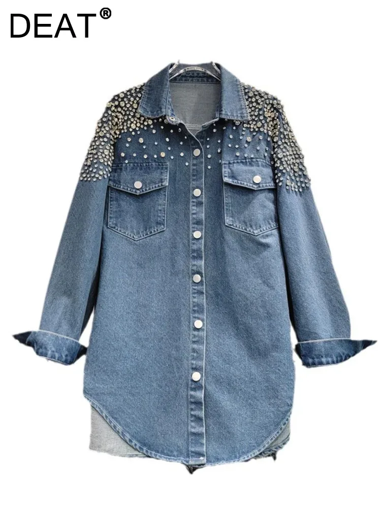 DEAT Women\'s Denim Blouse Full Diamonds Single Breasted Long Sleeve Double Pockets Female Coat 2024 Autumn New Fashion 29L7920