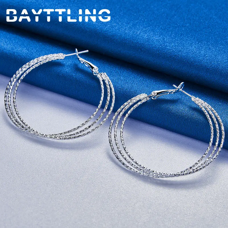 BAYTTLING S925 Sterling Silver 50MM Fine Frosted Multi-Hoop Earrings For Women Luxury Wedding Gifts Fashion Jewelry