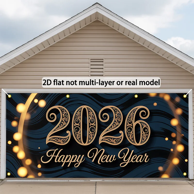 خطة ثنائية الأبعاد، قطعة واحدة من علم باب السنة الجديدة السعيدة لعام 2026 - مصممة في عطلة الذهب والأزرق مع الألعاب النارية