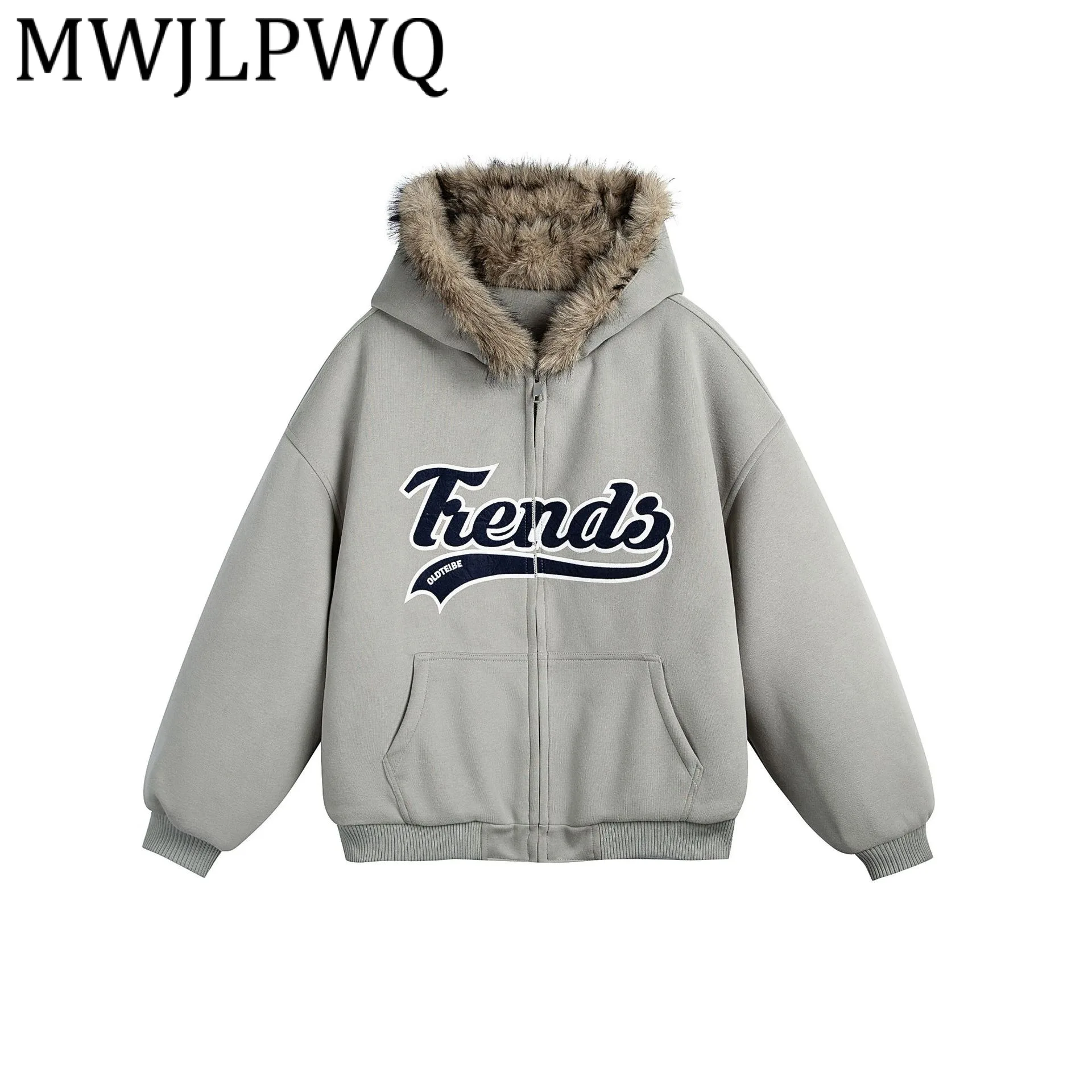 

MWJLPWQ Modish American Pattern Design Hooded Cotton Coats High Street Personality Loose Shot Casual Tops 2025 Winter New 21911