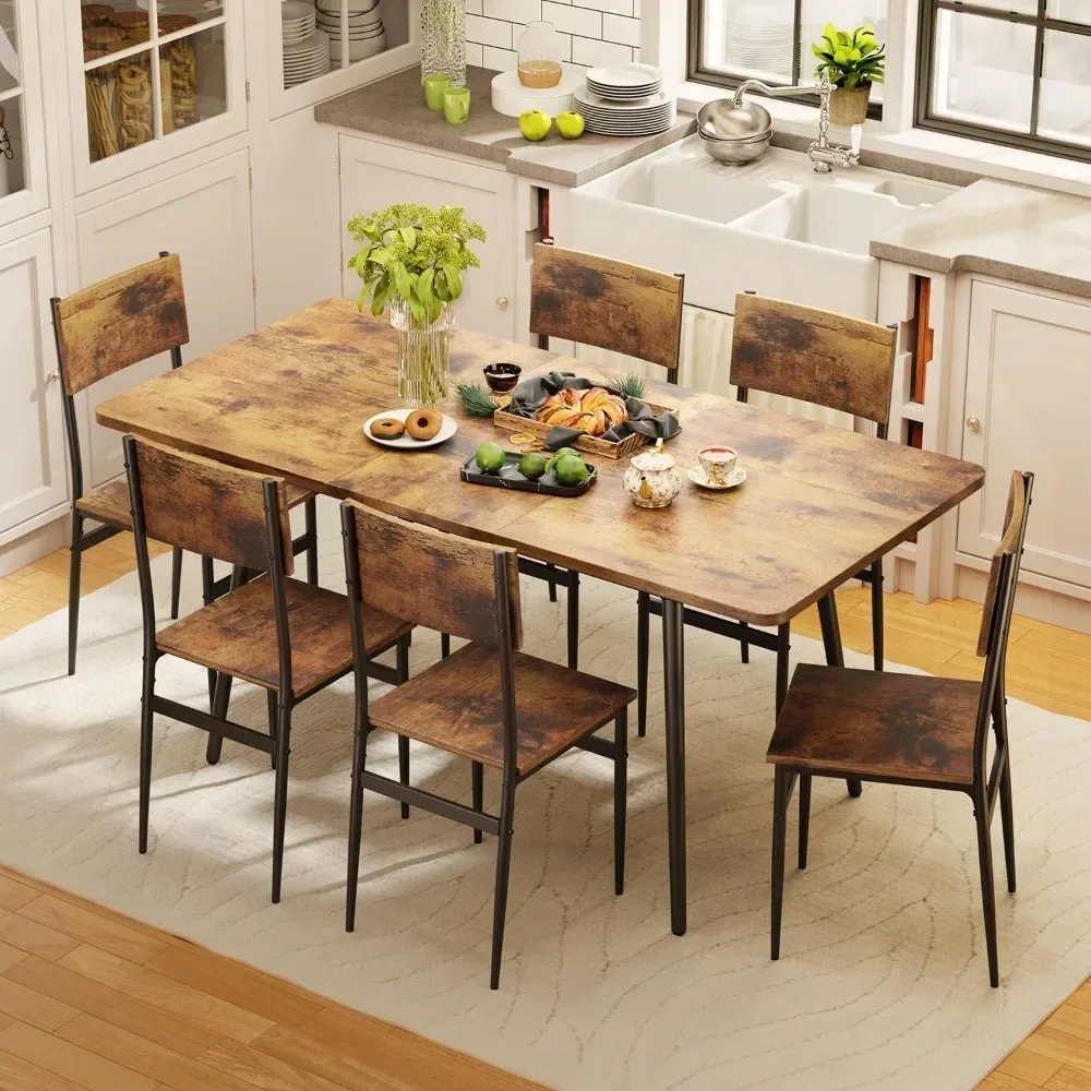 Extendable Dining Table Set, 7-Piece Dining Table Sets for 6 People with 6 Chairs, Wood Board Kitchen Table Set