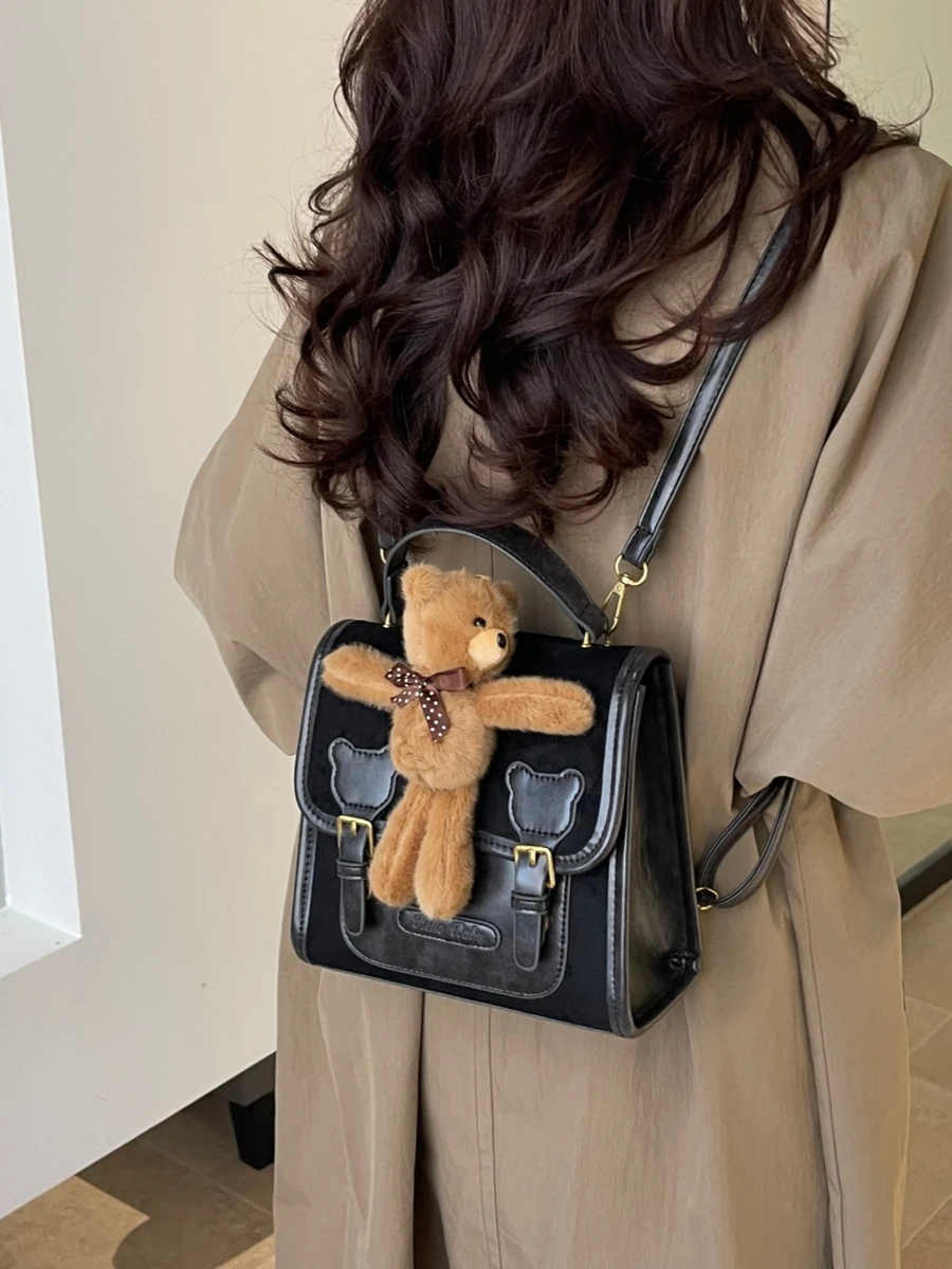 かわいいクマ人形ダブルショルダーバッグファッショナブルなスクエアバッグ女性用-zbbv-通勤バックパックカジュアル日常使用軽量防水
