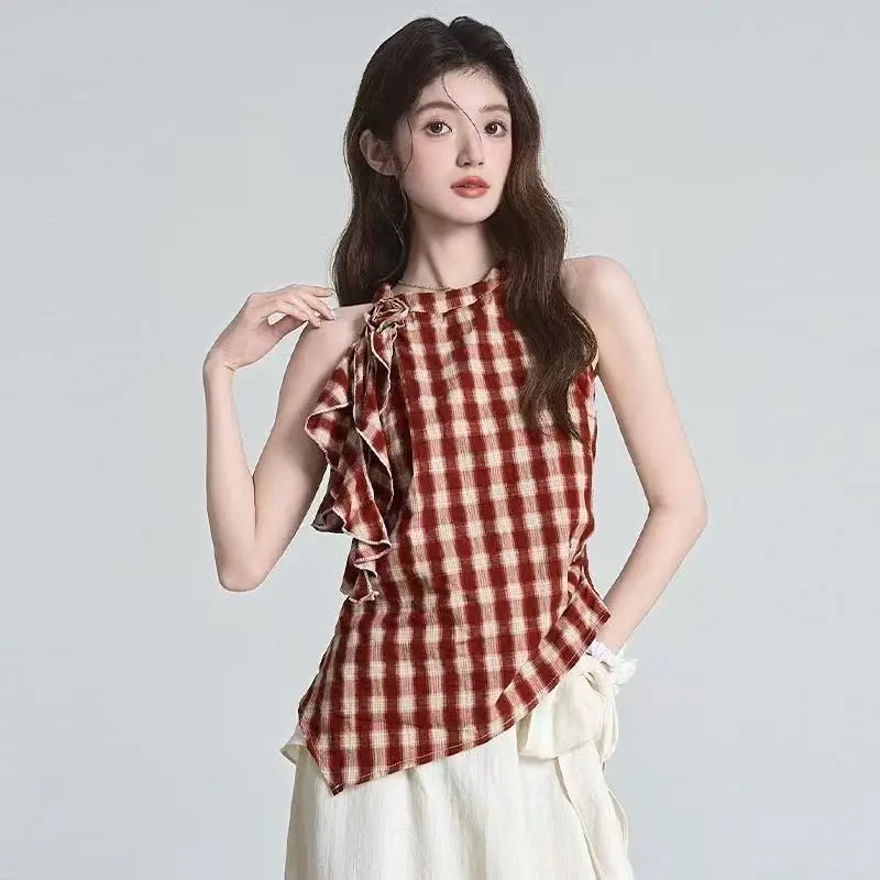 

Summer Design Unique Red Plaid Hanging Neck Top Half Skirt Two-Piece Set Women's Fashion Casual Style Seamless Splice Thick P...