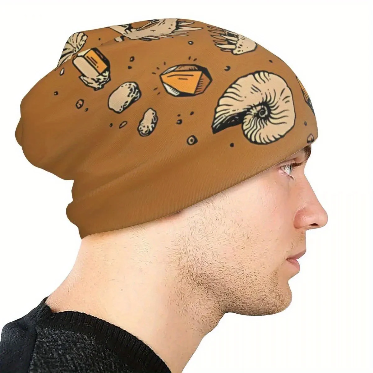 Men's Dinosaur Skull Fossil Beanie Hat Fashionable Brown Knit Cap with Prehistoric Design, Warm Stretchy Winter Skull Cap