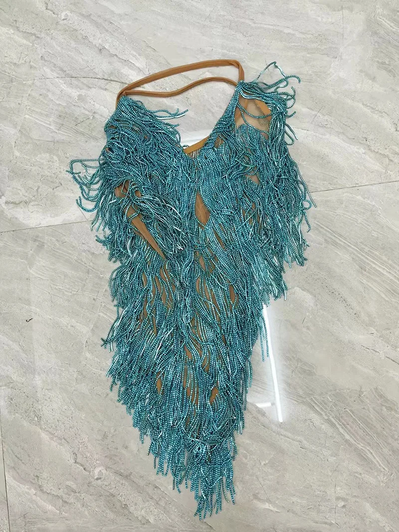 ฤดูร้อน Suspender ลึก V Fringed Multi-สีชุดราตรีบาร์ไนท์คลับเต้นรําเวที Live Talent Robes Bal De โปรโมชัน