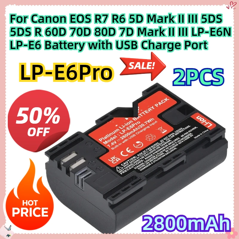 For Canon EOS R7 R6 5D Mark II III 5DS 5DS R 60D 70D 80D 7D Mark II III LP-E6N LP-E6 Battery with USB Charge Port 2PCS