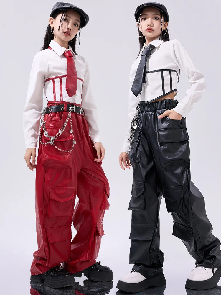 Girls Hip Hop Crop Top Pu Leather Cargo Pants Child School Uniform Costumes Kids Streetwear Jazz K-pop Street Dance Clothes Sets