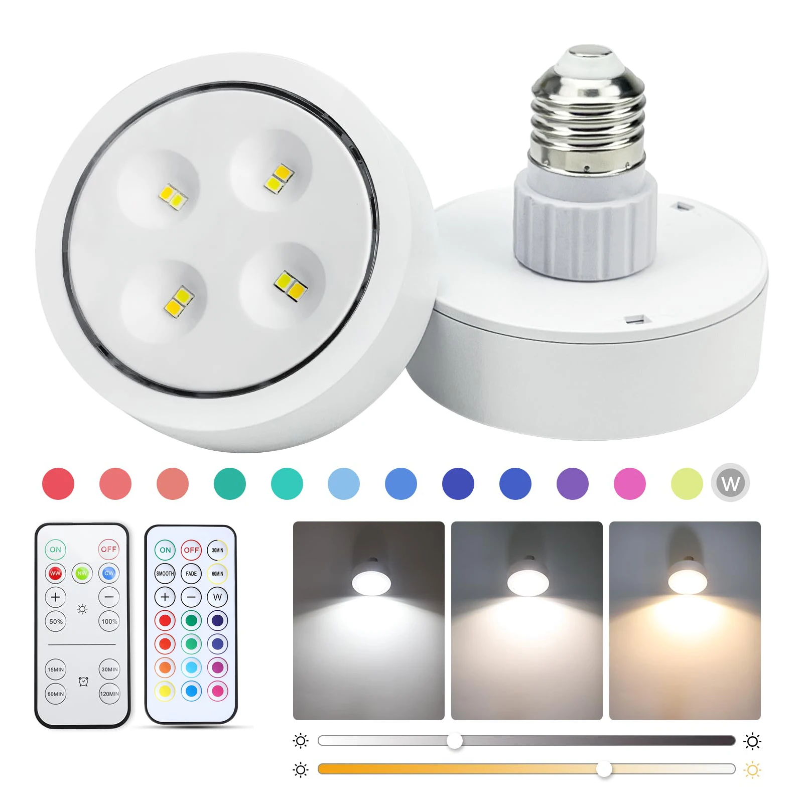 Battery Operated Dimmable RGB Light Bulbs Remote Control LED Puck Lights E27 Screw Bulbs Wall Sconce Lamp Memory Night Lights