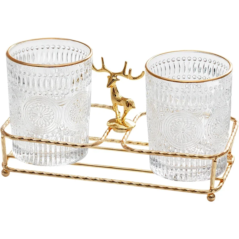 Bathroom Supplies Glass Mouthwash Cup Set Light Luxury Simple Golden Elk Iron Shelf Tooth Cylinder Cup Couple Brushing Cup Pair