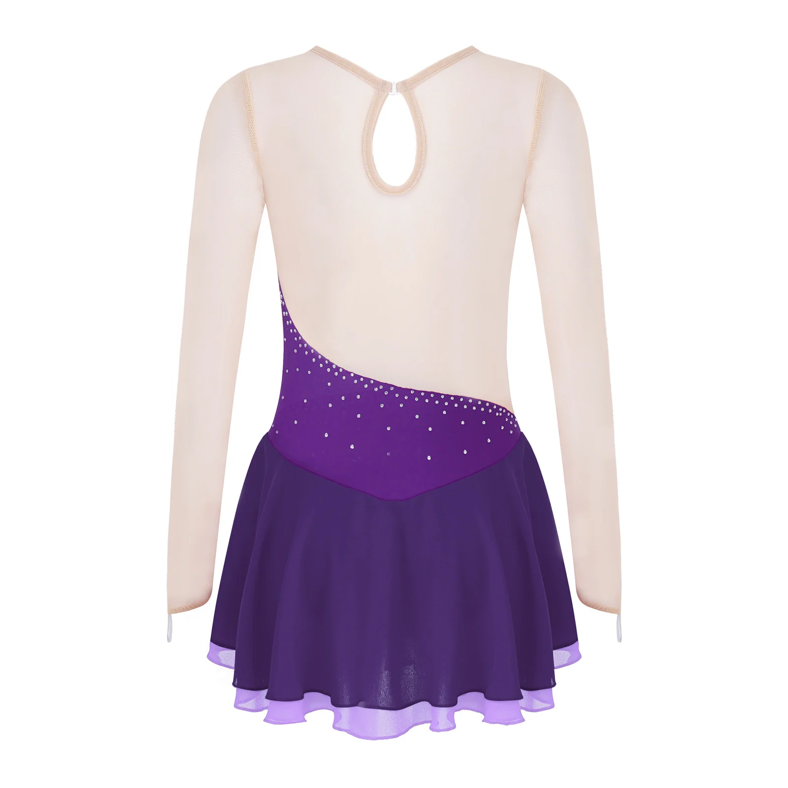 Rhinestone Figure Ice Skating Dress Child Girls Long Sleeve Mesh Ballet Gymnastic Leotard Dress Professional Competition Costume