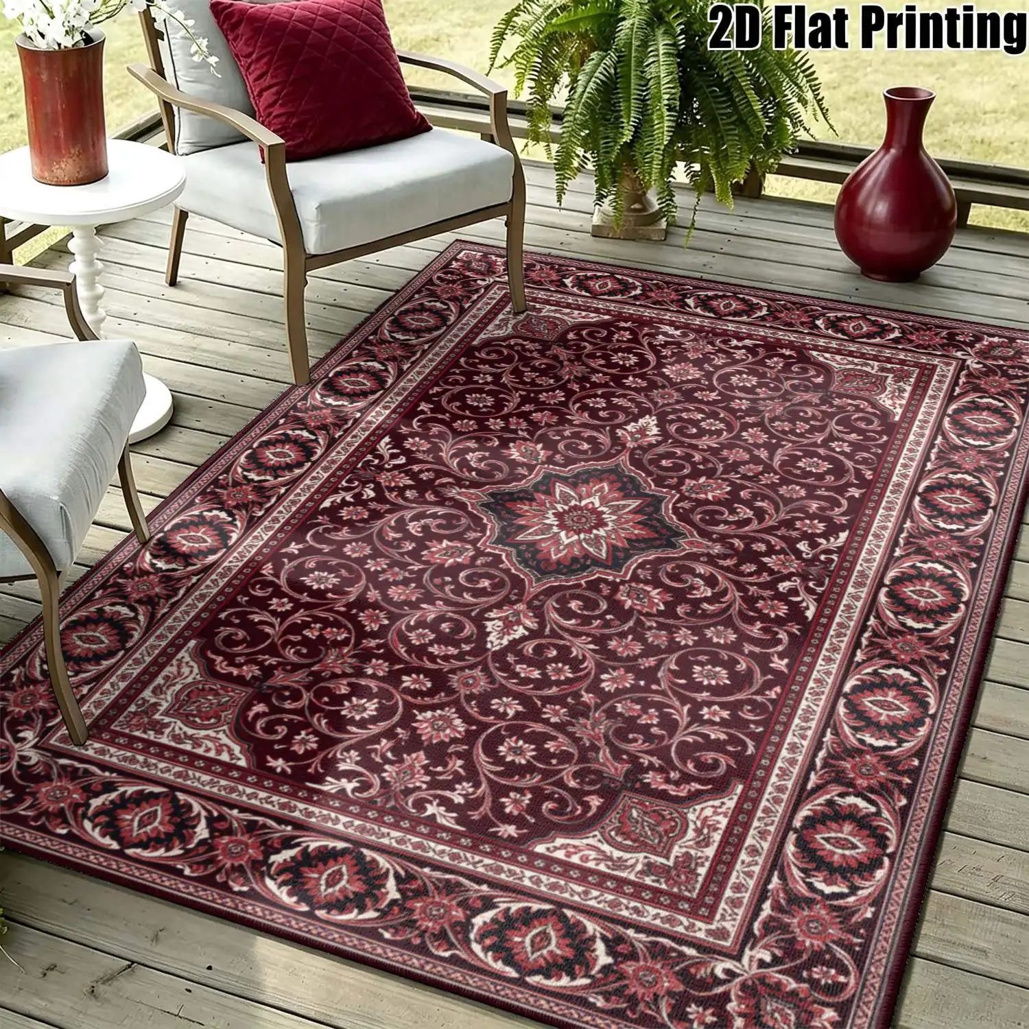 1Pc 2D Printed Burgundy Retro Patterned Carpet: European-Style, Bohemian, Geometric, Home Decor Rug, Multi-Size, Machine Washable, Suitable for Entrance, Dining Room, Foyer, Bedroom, Living Room