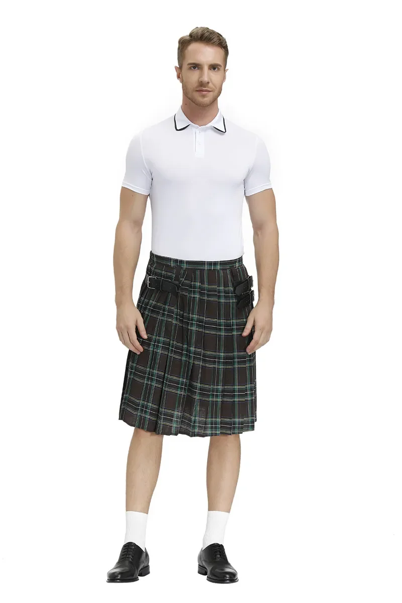 Gothic Men Scotland Kilt Traditional Plaid Mens Skirt Belt Pleated Bilateral Chain Punk Hip-hop Avant Garde Scottish Skirts