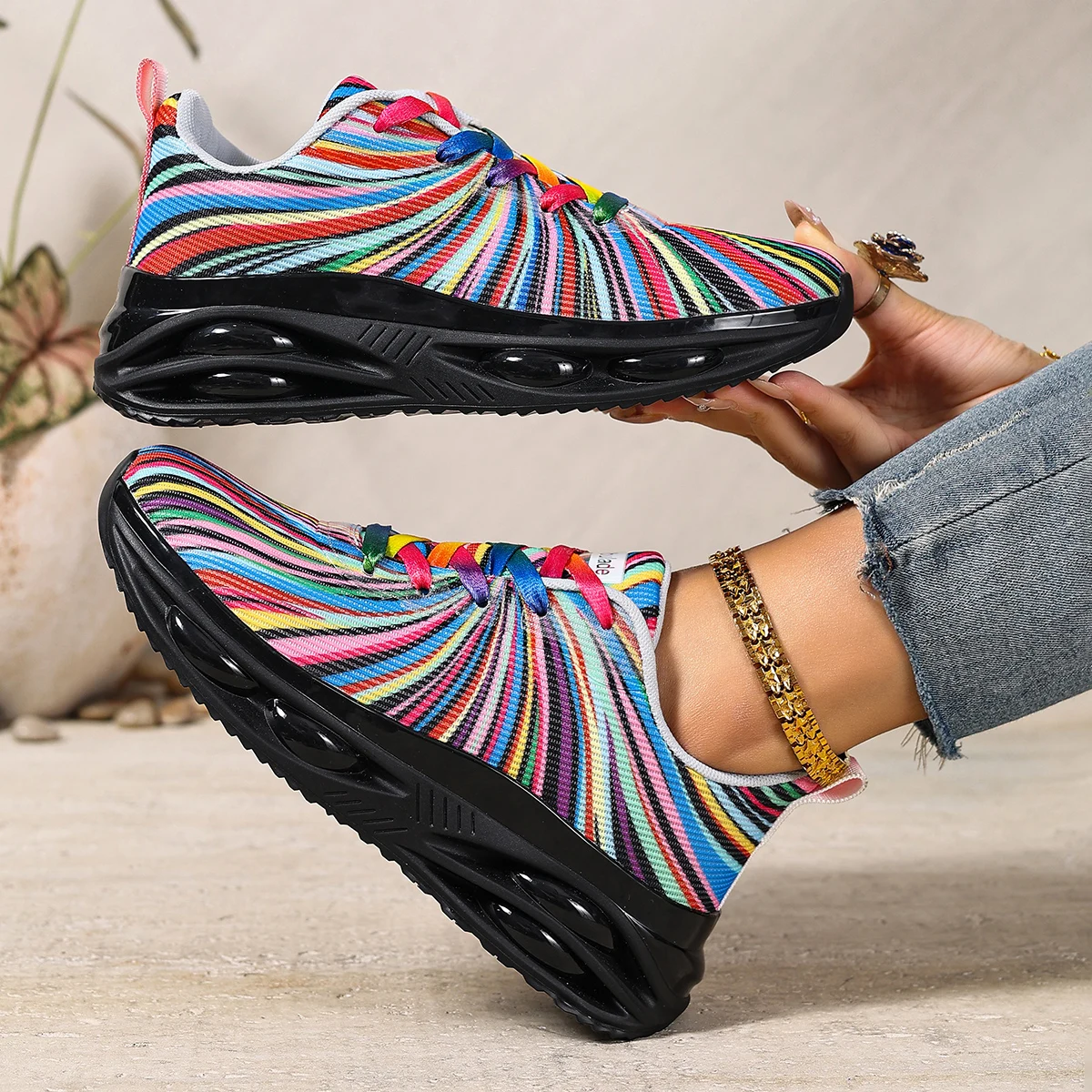 2026 New Women's Colorful Striped Sneakers Air Cushion Comfortable Casual Sports Shoes Breathable Running Trainers for Ladies