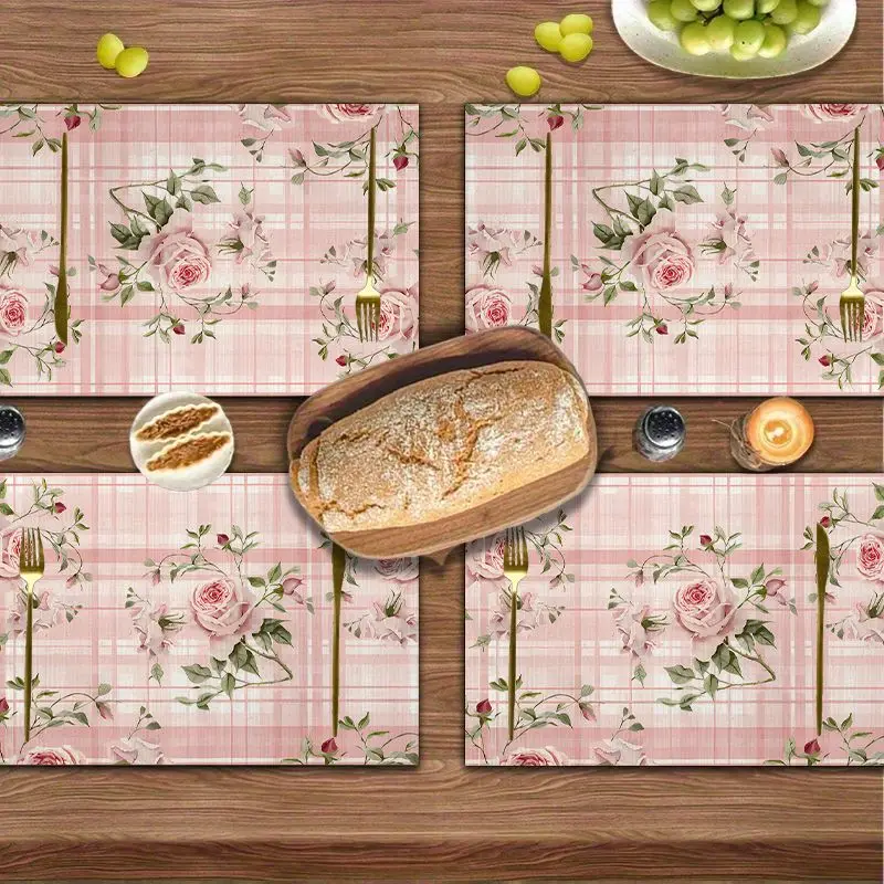 4Pcs, Pink Checkered Rose Print Placemats, Best Placemats, Washable, Suitable for Holiday Parties, Home Decor, Kitchen Tables, Rectangular Dining Rooms, Make Your Dining Room and Kitchen More Beautiful, Birthday Gifts and Housewarming Party Gifts for Family and Friends