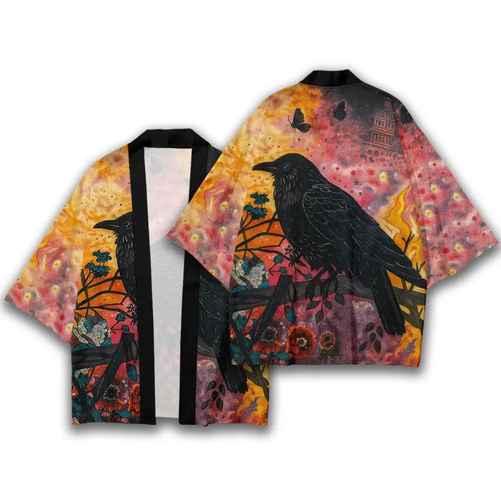 Dark Raven Pattern Kimono Japanese Style Fashion Casual Classic Traditional Clothes Unisex Loose Comfortable Breathable Cardigan
