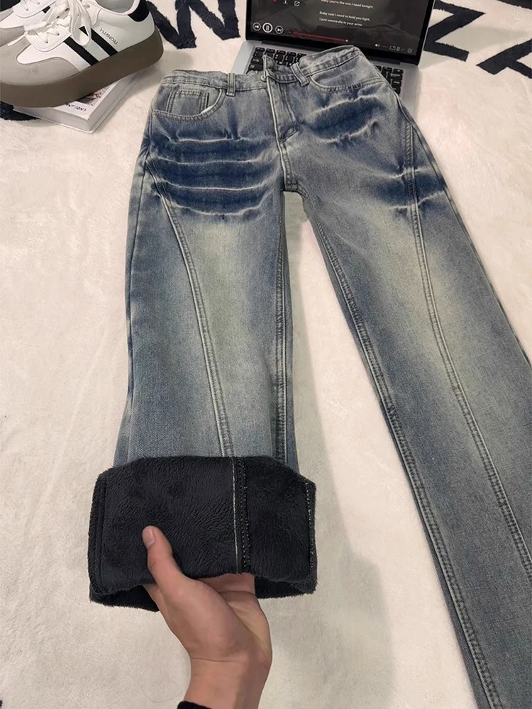 

Мужские джинсы с флисовой подкладкой, облегающие, с принтом в виде молнии, диагональным кроем, прямые, в стиле High Street, осенне-зимние