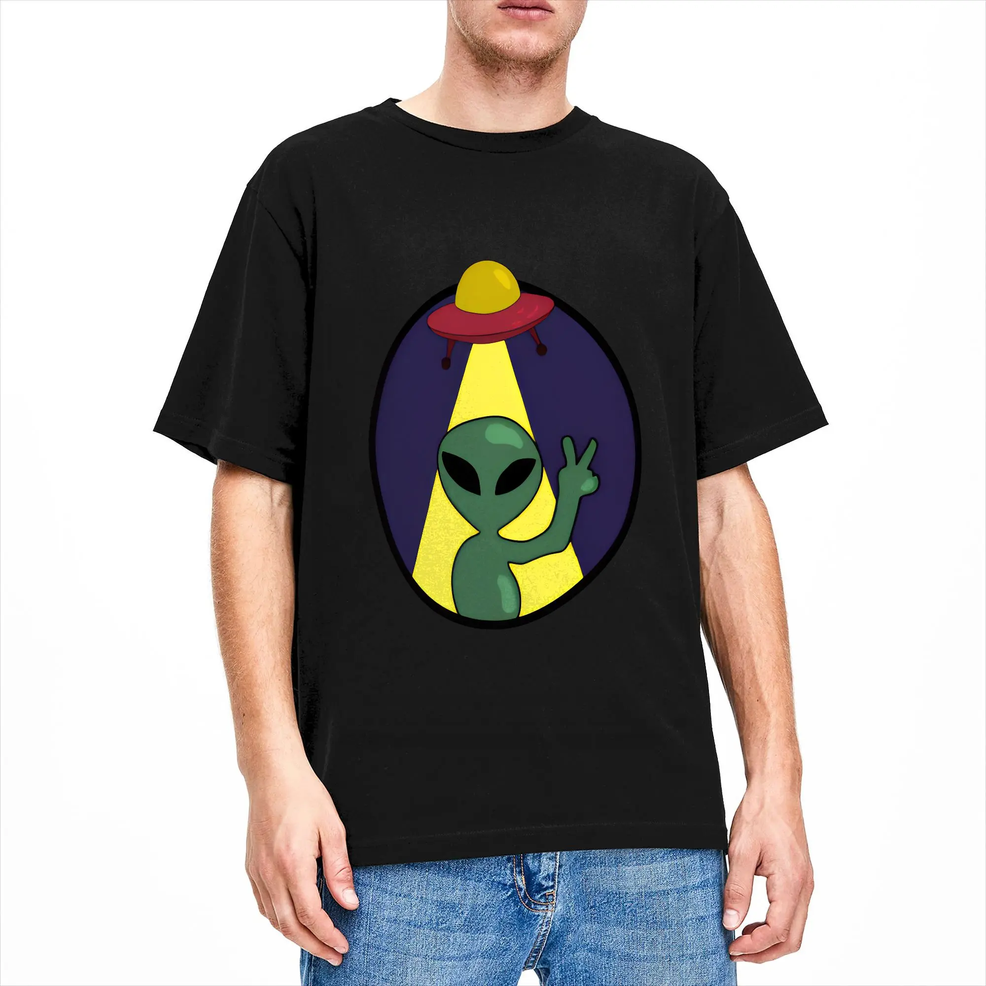 Men's T-Shirt UFO We Come In Space Alien Hipster 100% Cotton Tees Short Sleeve  T Shirt Crewneck Clothes Classic