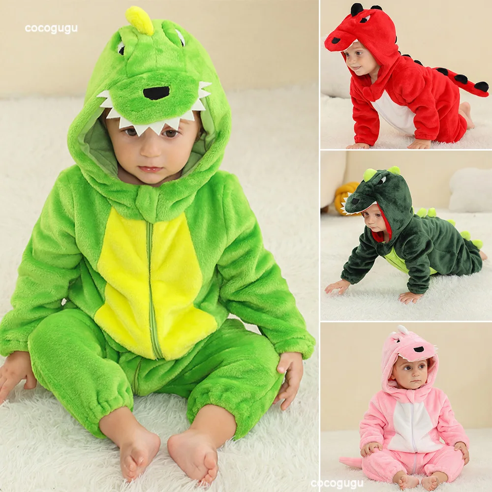 

4 Dinosaurs Romper Baby Boy Girl Pajama Newborn Bebe Clothes Cute Bodysuit Flannel Warm One-piece Winter Halloween Animal Outfit