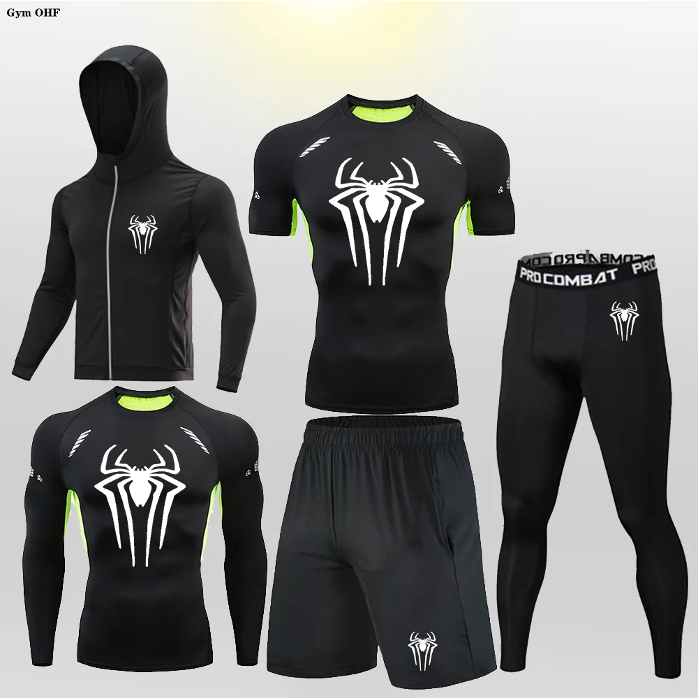 Camiseta de correr de verano para hombre, conjunto de 5 piezas, Berserk impreso, conjunto de compresión de secado rápido, Leggings de Fitness, traje ajustado Rashgard MMA