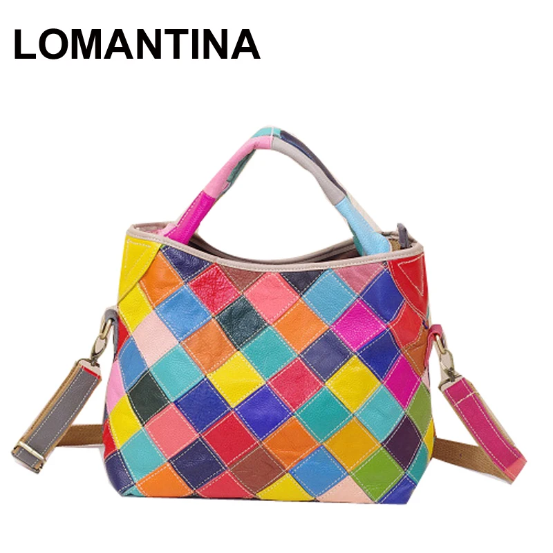 LOMANTINA Top Quality Genuine Leather Women\'s Fashion Colorful Random Shoulder Tote Bag Patchwork Geometric Female Purse Handbag