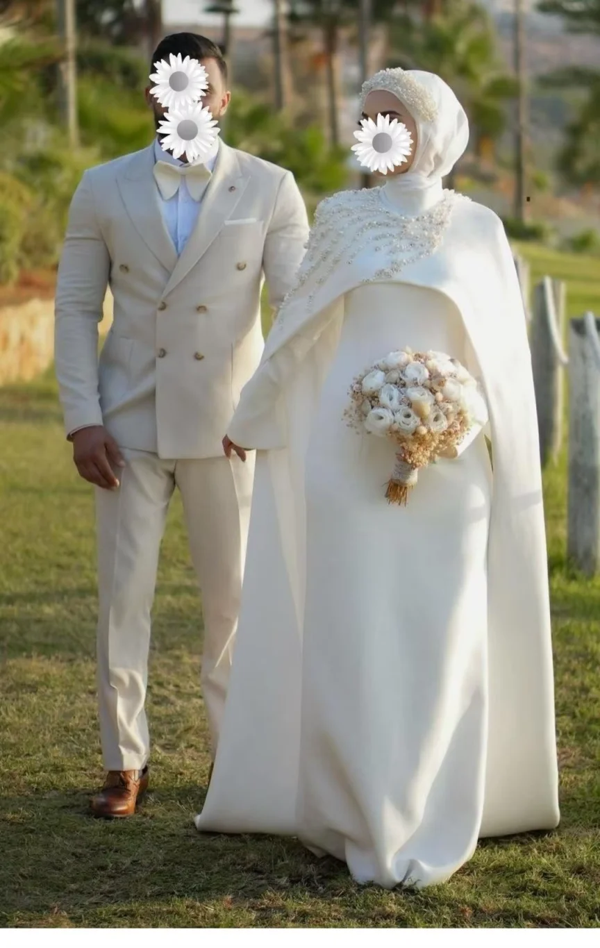 Custom 2026 Muslim Style Wedding Dress With Long Sleeves High Collars Satin Pearl Sequins Decoration Vestido De Novia
