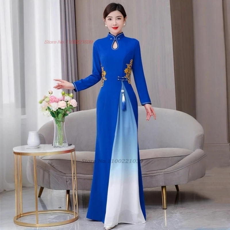 

2025 vietnam traditional dress aodai chinese improved qipao national flower embroidery cheongsam stage performance a-line dress