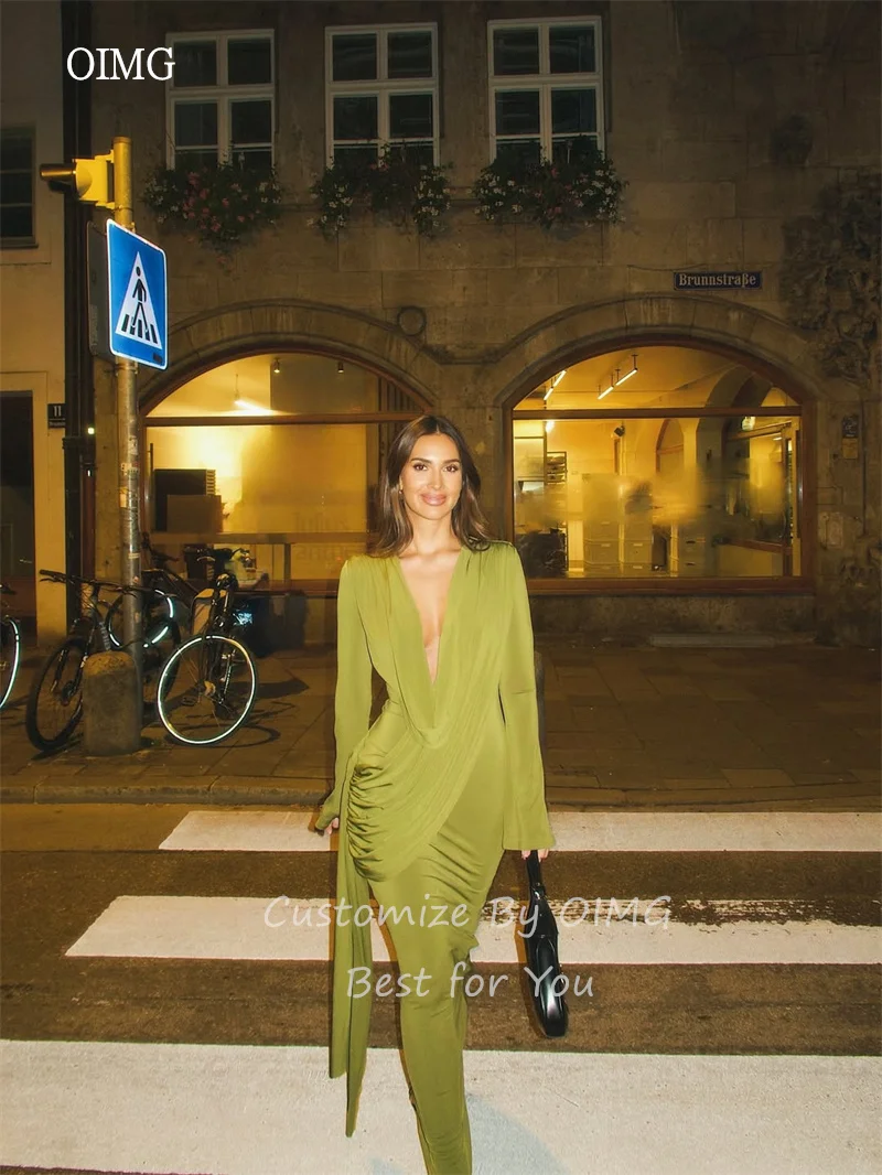 OIMG Sexy Deep V Neck Mustard Green Mermaid Prom Gowns Maxi Pleated Party Gown Long Sleeve Floor Length Evening Dress Customized