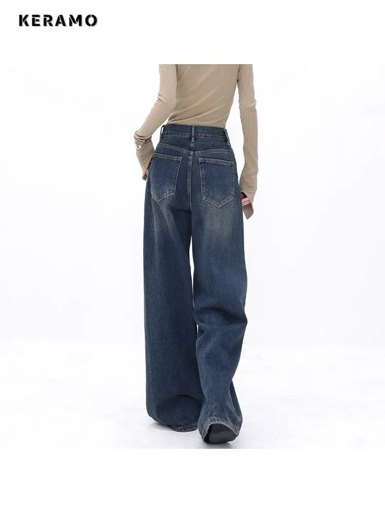 American Vintage High Waist Oversized Jeans Pants For Women Casual Baggy Y2K Wide Leg Grunge Streetwear Blue Denim Trouser