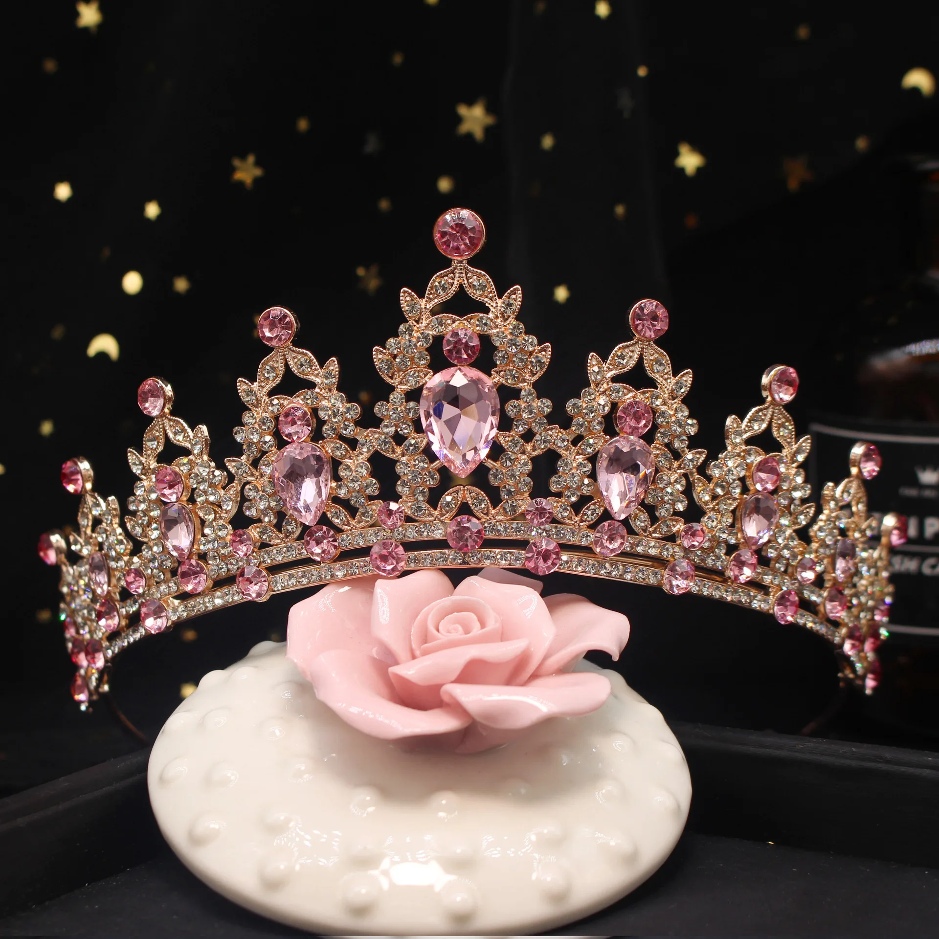 Baroque Vintage Gold Color Pink Crystal Wedding Tiaras Crown Rhinestone Diadem Bridal Hair Accessories Headbands Tiara De Noiva