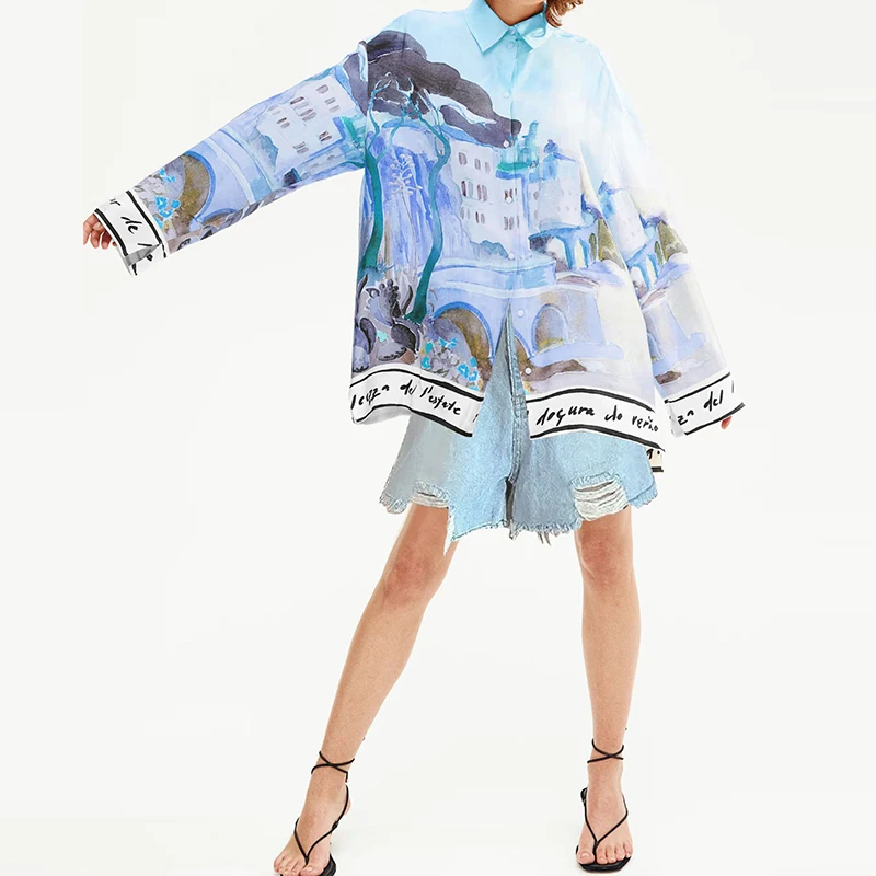 Blusa holgada informal de manga larga para vacaciones para mujer, Tops con botones estampados a la moda de primavera 2025, camisa elegante con cuello de solapa para la playa