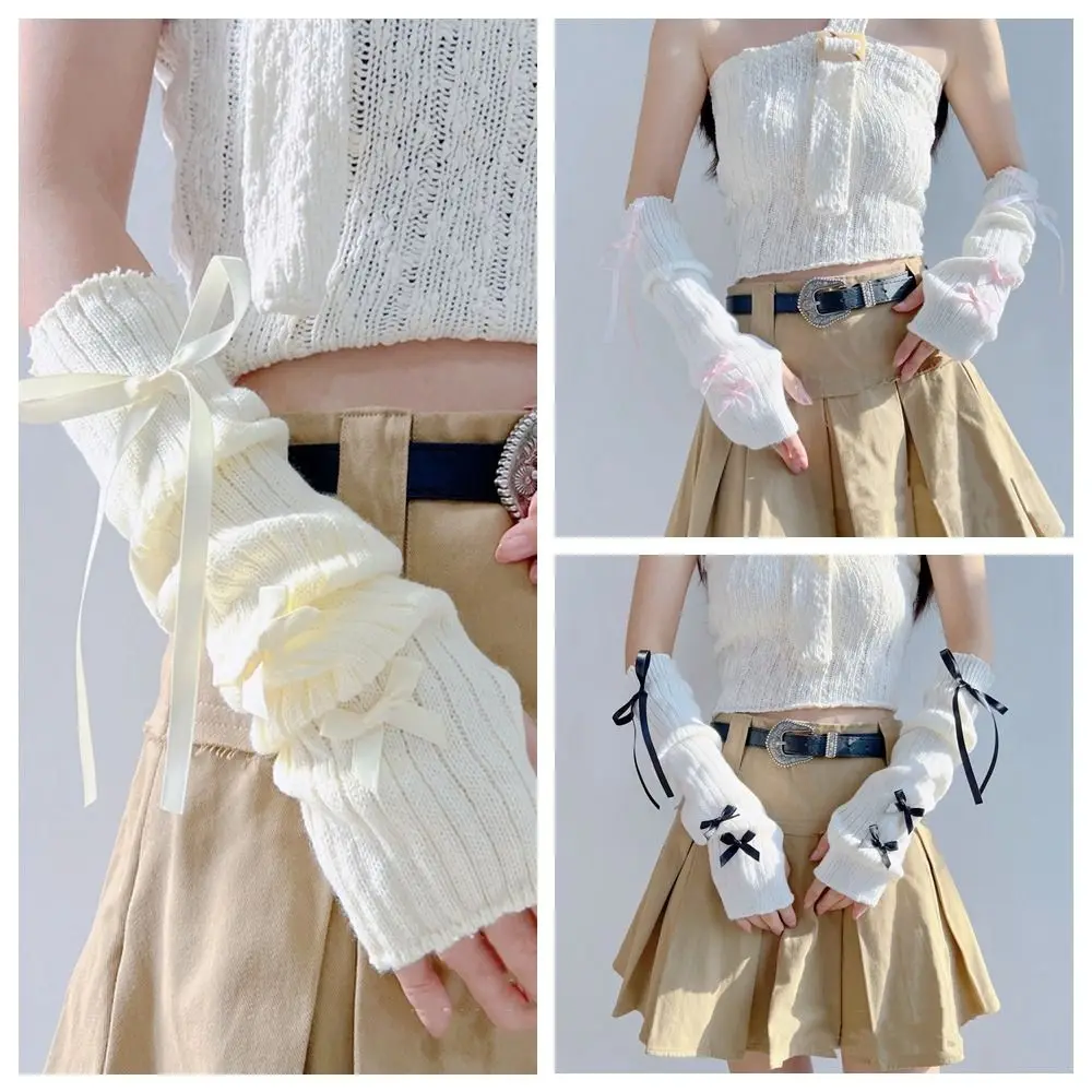 Elastico Y2K maniche calde nastro bowknot stile balletto scaldamuscoli lavorati a maglia con fiocco guanti lunghi dolci guanti senza dita