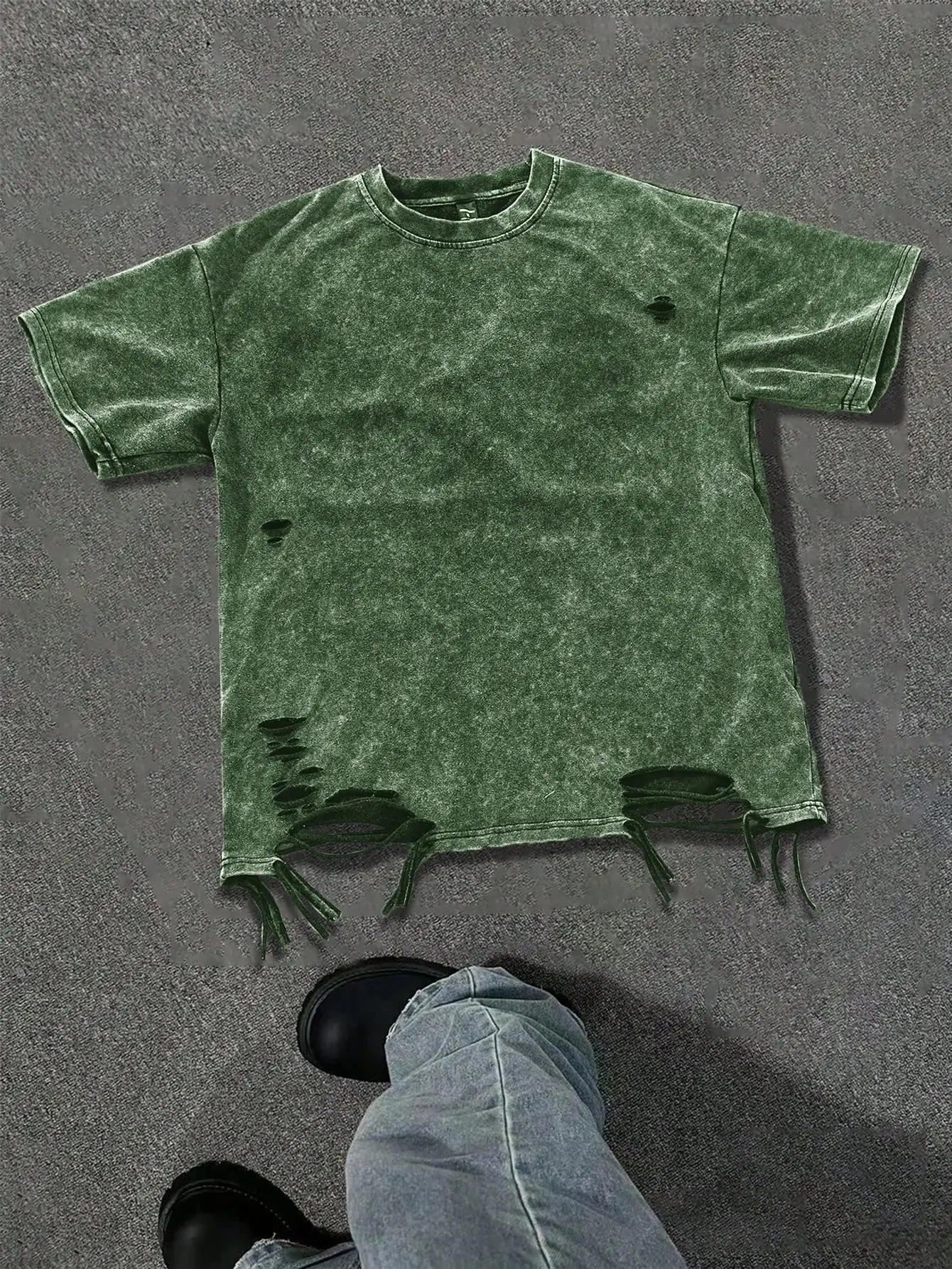 

Мужская повседневная футболка оверсайз с эффектом потертости и бахромой по низу, весна-лето