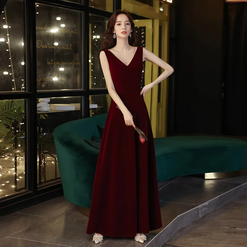 

Elegant Burgundy V-Neck Beading Velour Back Zipper Bride Gowns Party Banquet Female Stage Show Dresses Cheongsam