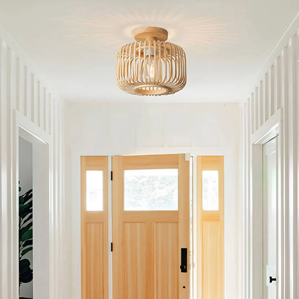 Bamboo Wood Pendant Lamp Natural Rattan Wicker E27 LED Ceiling Chandelier Hand-Woven Lampshades Lighting Fixture Hanging Light