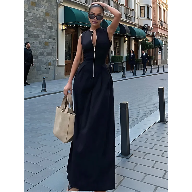 A83F-Abito da donna con scollo a V profondo, maniche ad aletta con cerniera, vita elastica smockata, abito longuette casual estivo diviso con tasche