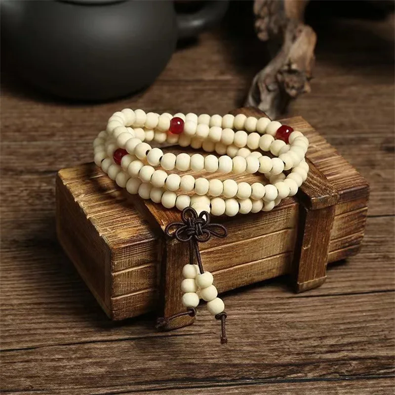 Natural Chinese Sandalwood 108 Prayer Beads Mala Bracelet Necklace 6mm Buddhist Buddha Rosary Elastic Wrist Jewelry Luck Amulet image 2