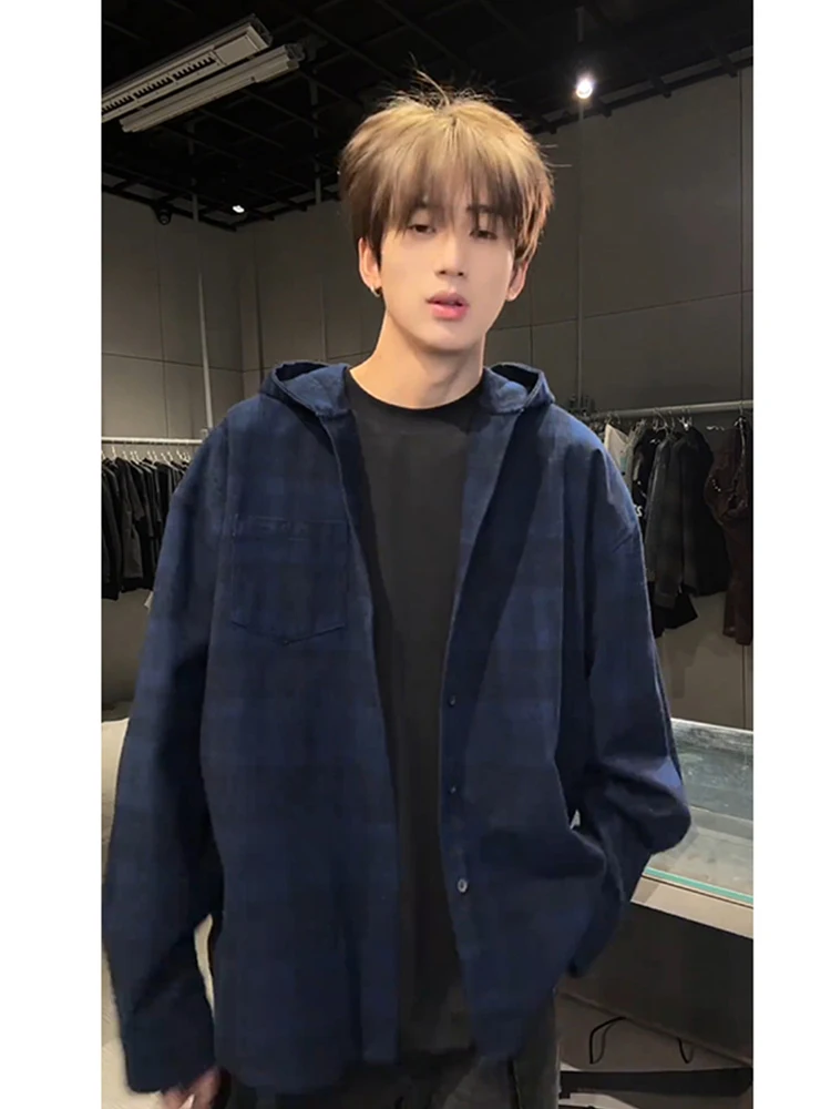 

Blue Plaid Brued Hooded irt Loose Couple Jaet American Retro Spring Autumn Lazy Sle Men's irt Long Sve Button Cl...