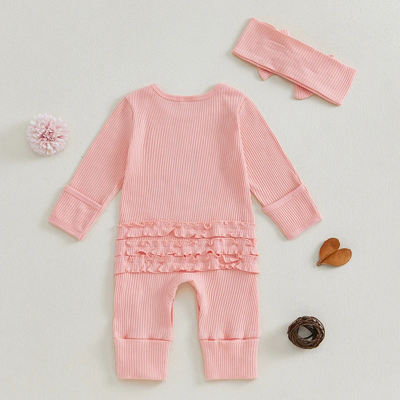 Newborn Baby Girl Jumpsuit Letter Print Footie Ribbed Long Sleeve Fall Romper Bow Headband Outfits