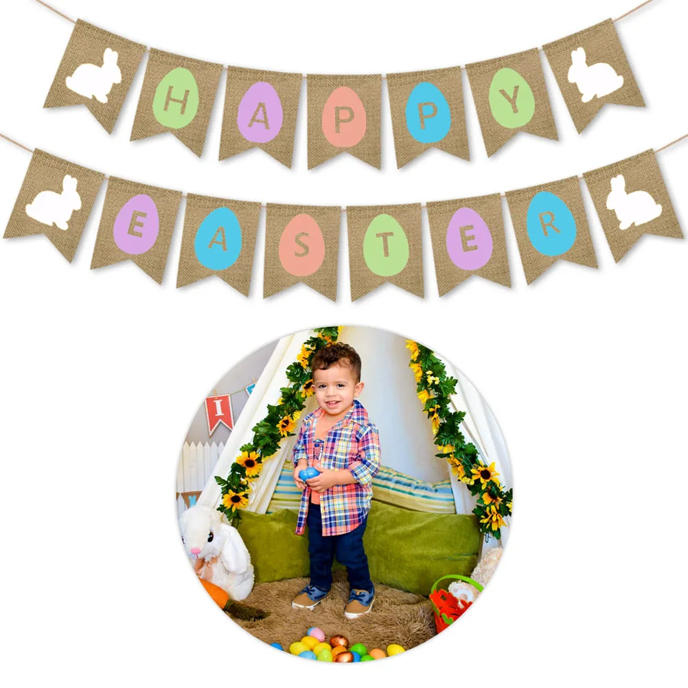 

Easter Bunny Decoration Banner Hare Party Flower Garlands Hanging Happy Easter Decor Creative Design Festive Atmosphere Photos