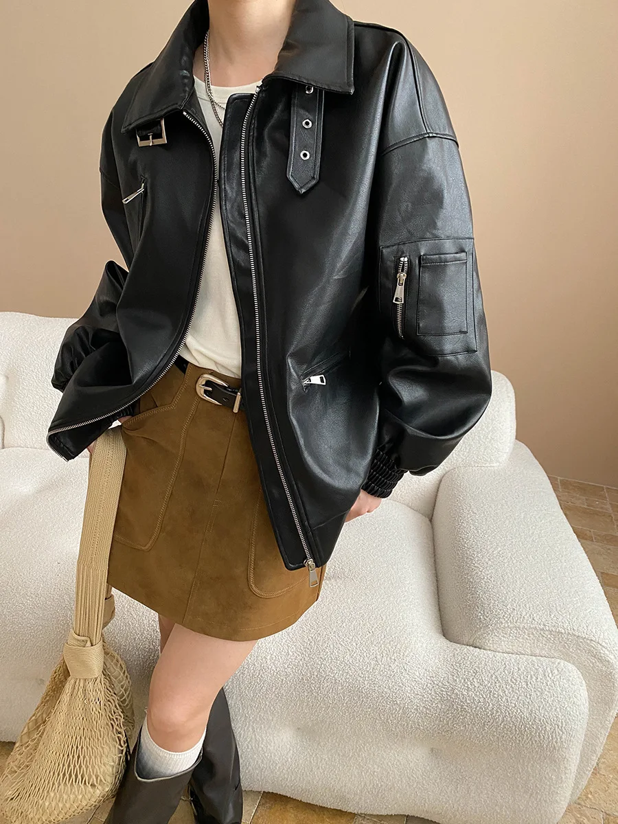 معطف جلد للدراجات النارية من Modern Street American Retro Matte PU بياقة جلدية كونتور