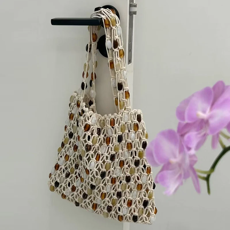 

Creative Fashionable Woven Bag Brand Light Luxury Beaded Hollow Lattice Beach Bag Casual Simple Versatile Commuter Shoulder Bag