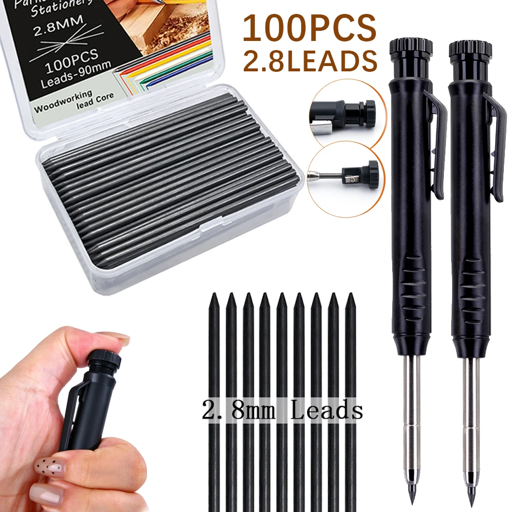 2.8mm Long Headed Solid Carpenter Mechanical Pencil Set With 100 Leads, for Deep Hole Woodworking Architectural Marking Tool