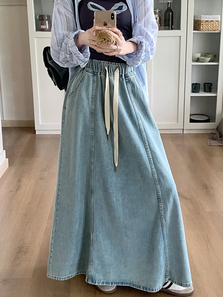 

Maxi Long Skirts Women 2024 Vintage Spring Summer Drawstring High Waist Jean Skirt Ladies Pockets Design Ruffle Denim Skirt